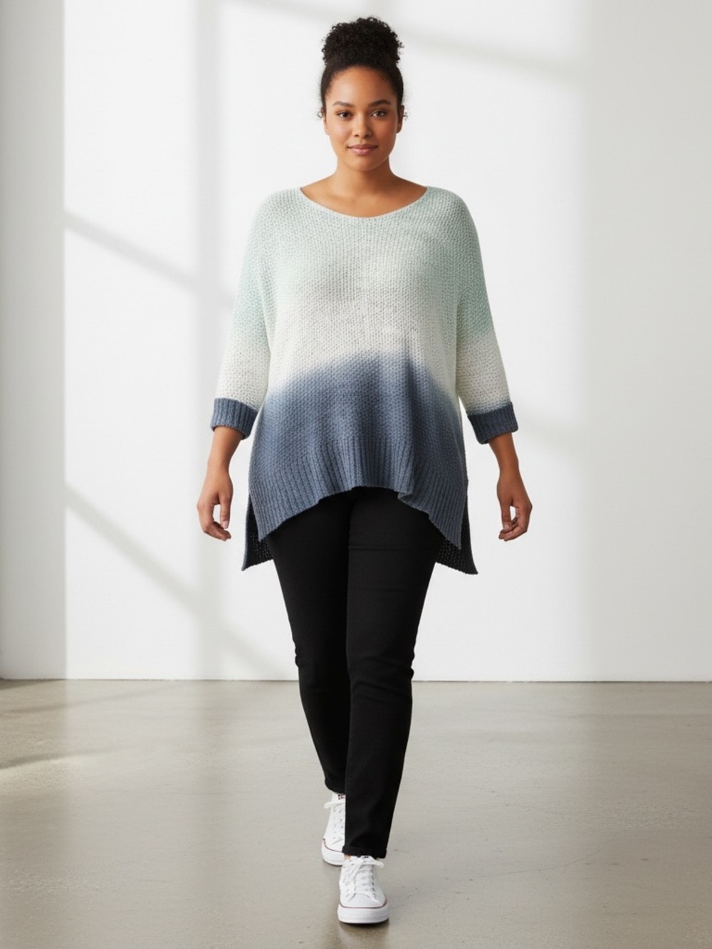 She & Sky Drip Dye Blue Boho Umbre Sweater One Size